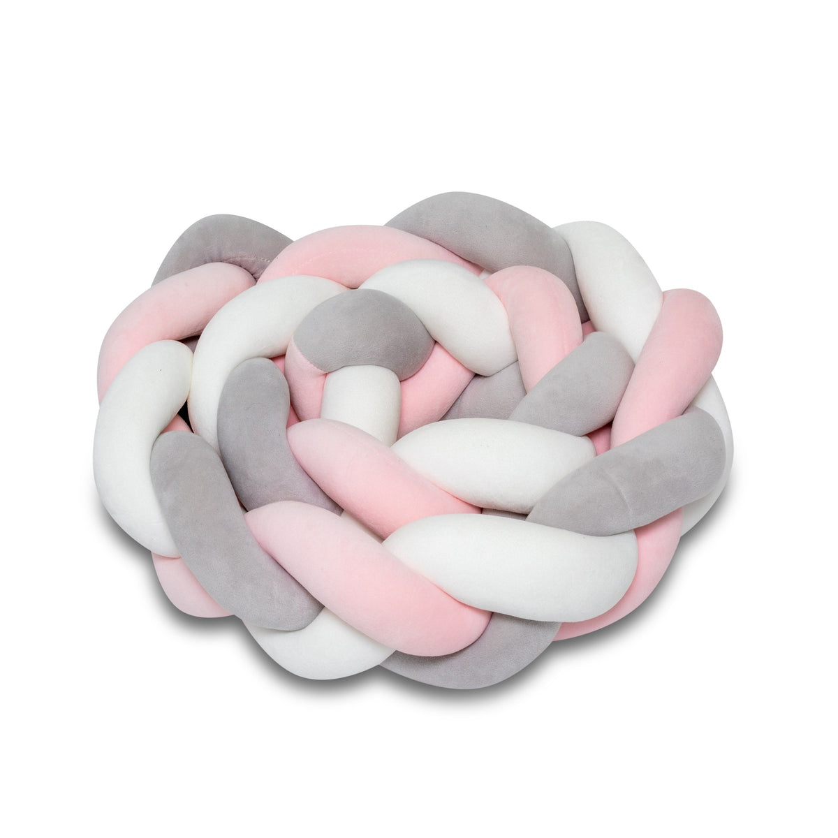 Geflochtene Bettschlange in Rosa, Grau und Weiß, zu einem Kreis gelegt