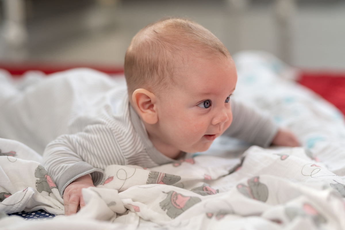 Baby liegt beim Spielen in Bauchlage auf einer Tabalino Mullwindel mit Elefanten-Muster