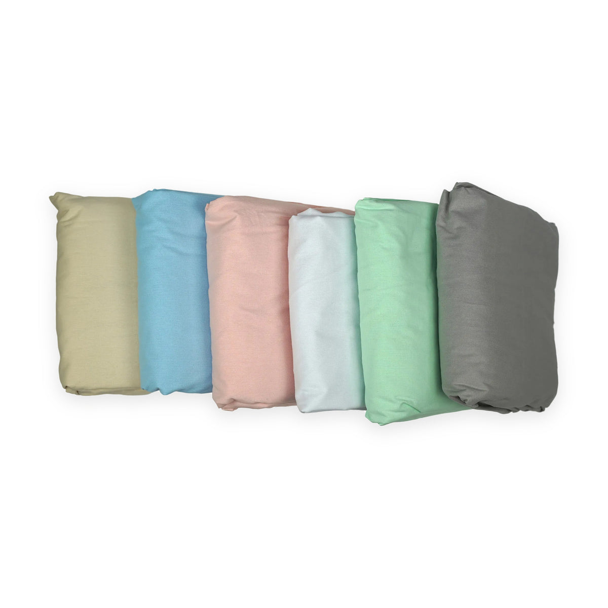 Betthimmel-Stoffe in allen sechs Farben, gefaltet nebeneinander: Creme, Blau, Rosa, Weiß, Mint und Grau – Hintergrund digital erstellt