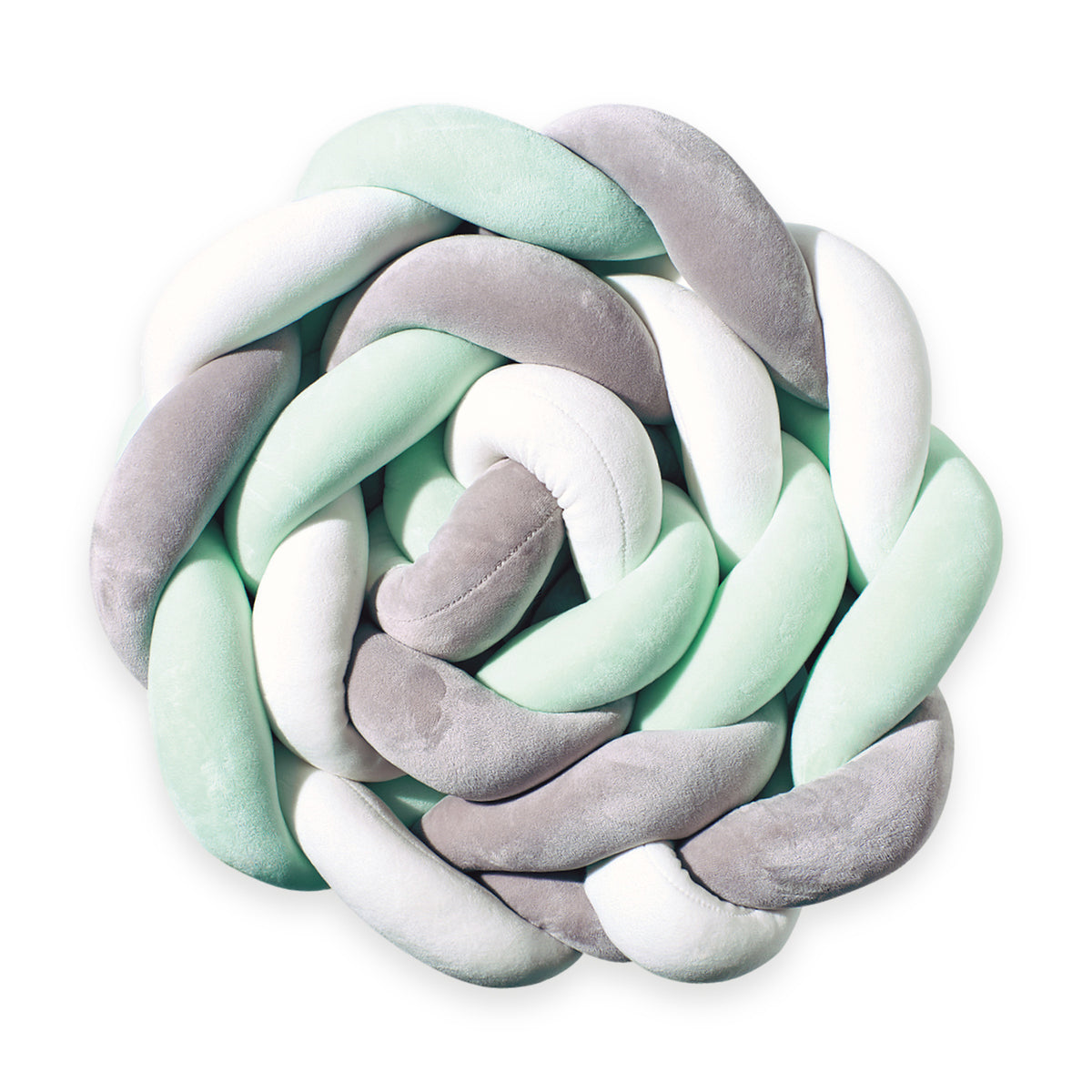 Bettschlange geflochten in Mint mit Grau und Weiß, als Spirale gelegt, von oben
