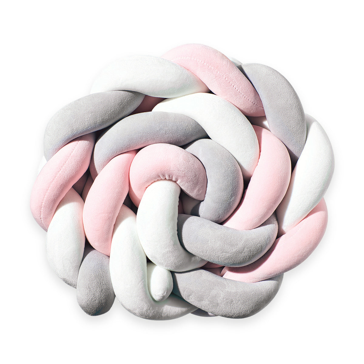 Bettschlange geflochten in Rosa mit Grau und Weiß, als Spirale gelegt, von oben