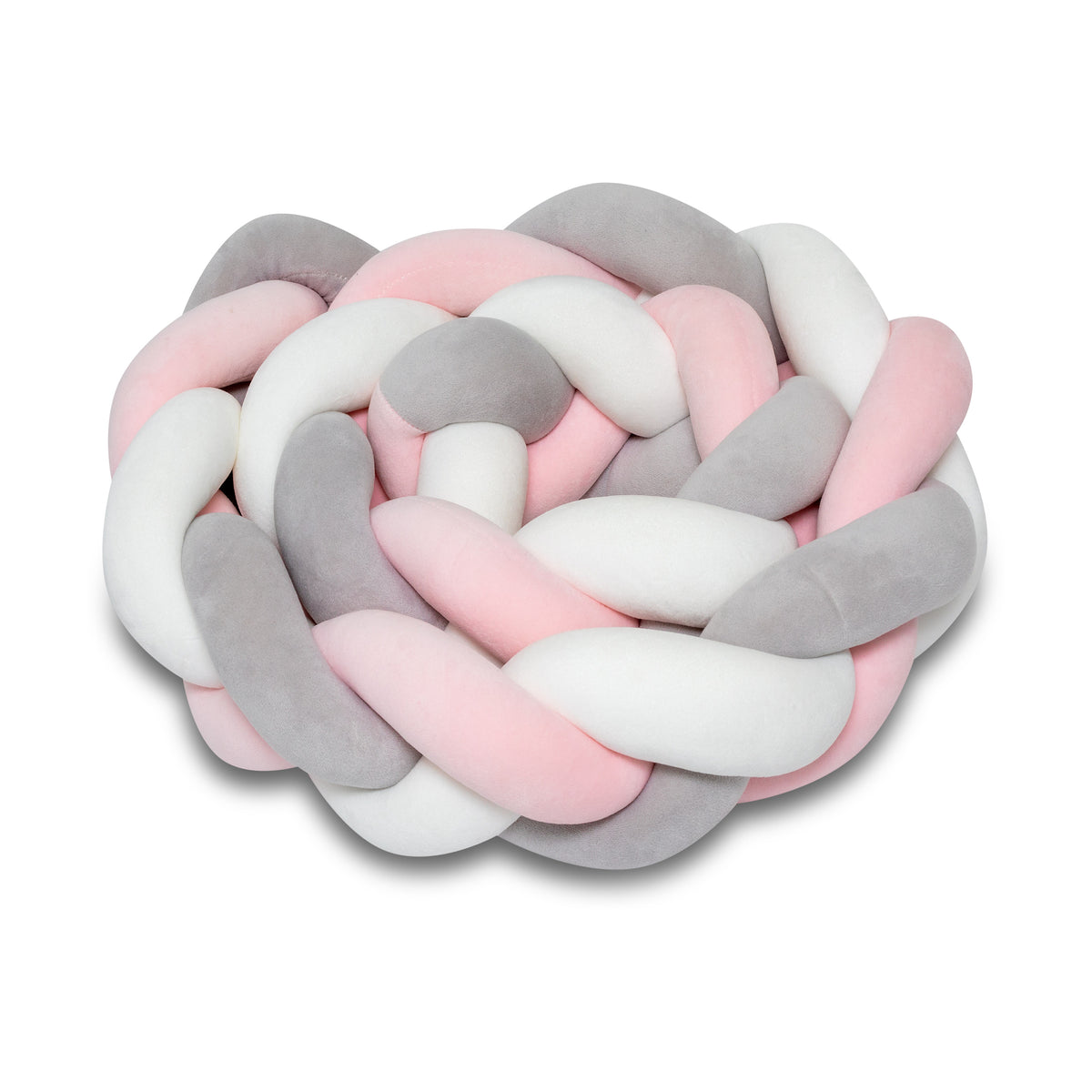 Bettschlange geflochten in Rosa mit Grau und Weiß, zu einem Kreis gelegt, schräg von der Seite