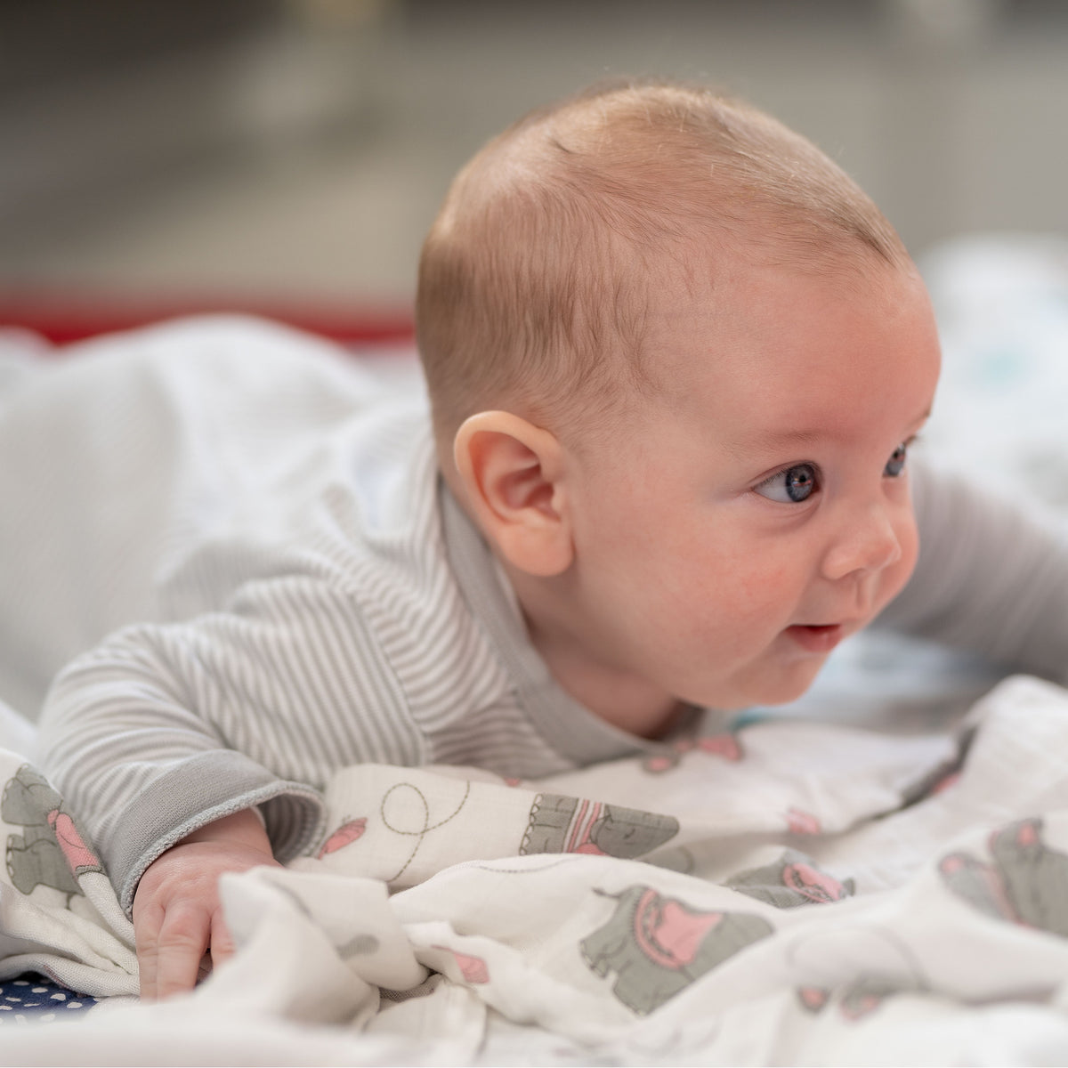 Baby spielt wach in Bauchlage auf einer Tabalino Mullwindel Rosa Elefanten
