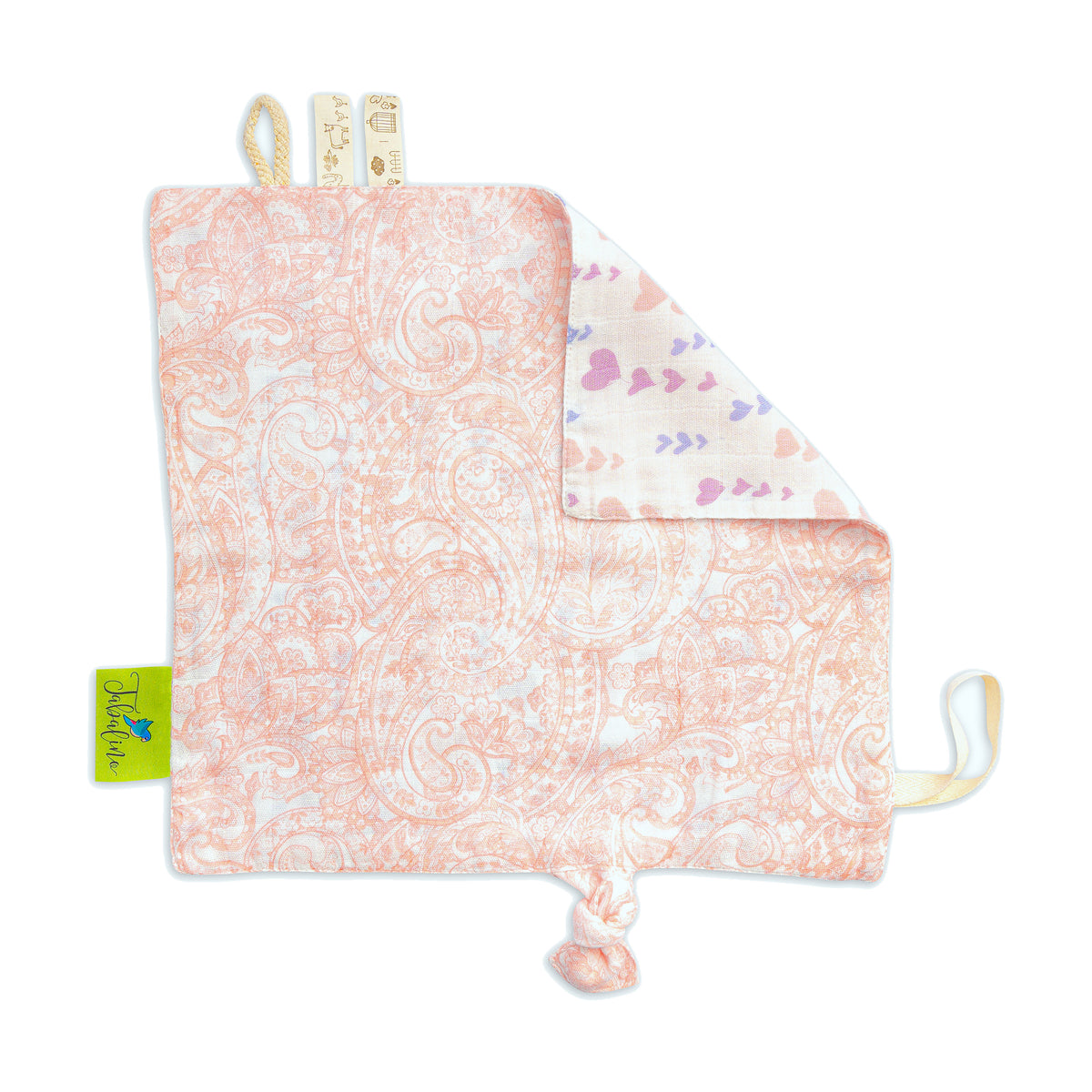 Tabalino Schmusetuch Paisley & Herzchen mit Schlaufe, Knoten und Webbändern, Vorder- und Rückseite