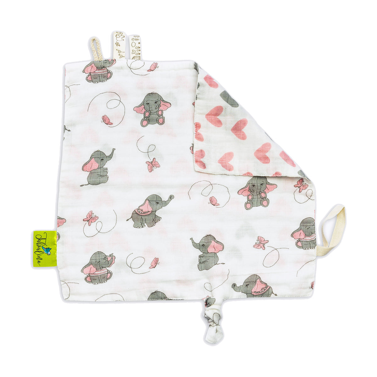 Tabalino Schmusetuch Rosa Elefanten mit Schlaufe, Knoten und Webbändern, Vorder- und Rückseite