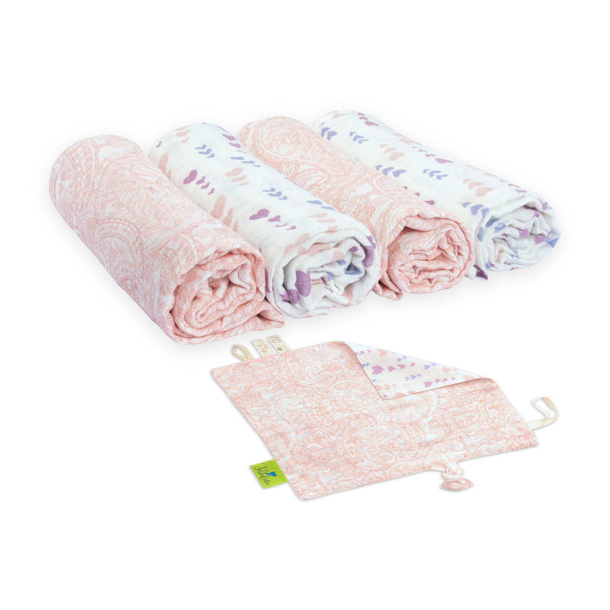 Tabalino Set Paisley & Herzchen: vier aufgerollte Mullwindeln und Schmusetuch, ohne Verpackung