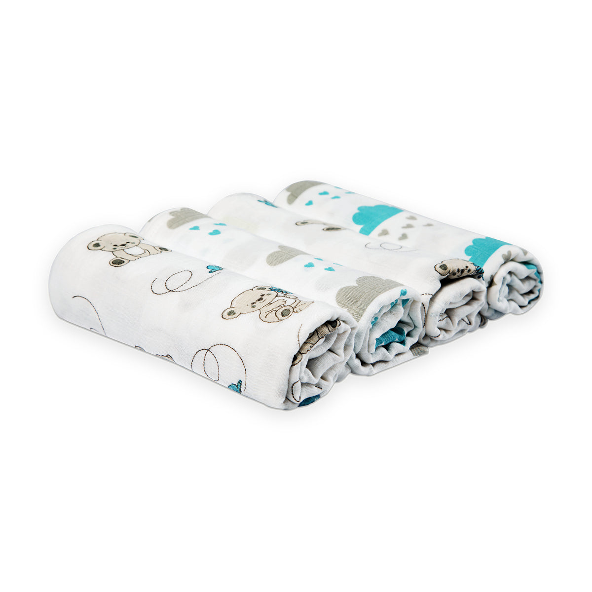 Tabalino Set Teddy & Wolken: vier aufgerollte Mullwindeln